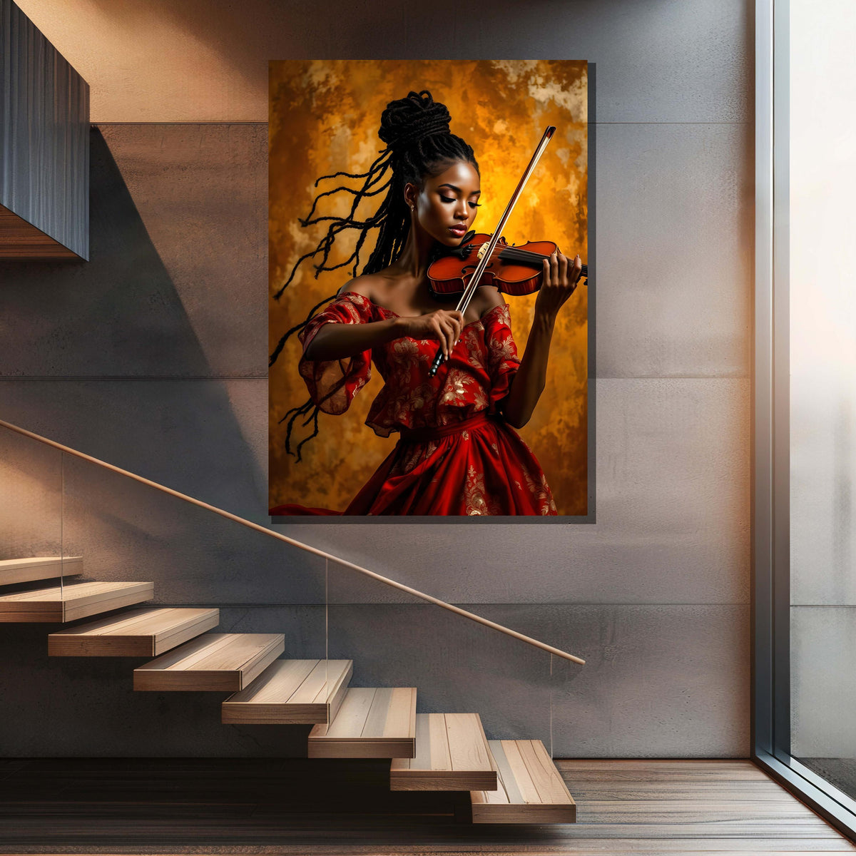 Violinist in Red Dress Canvas Art Print: Elegant Musician Portrait