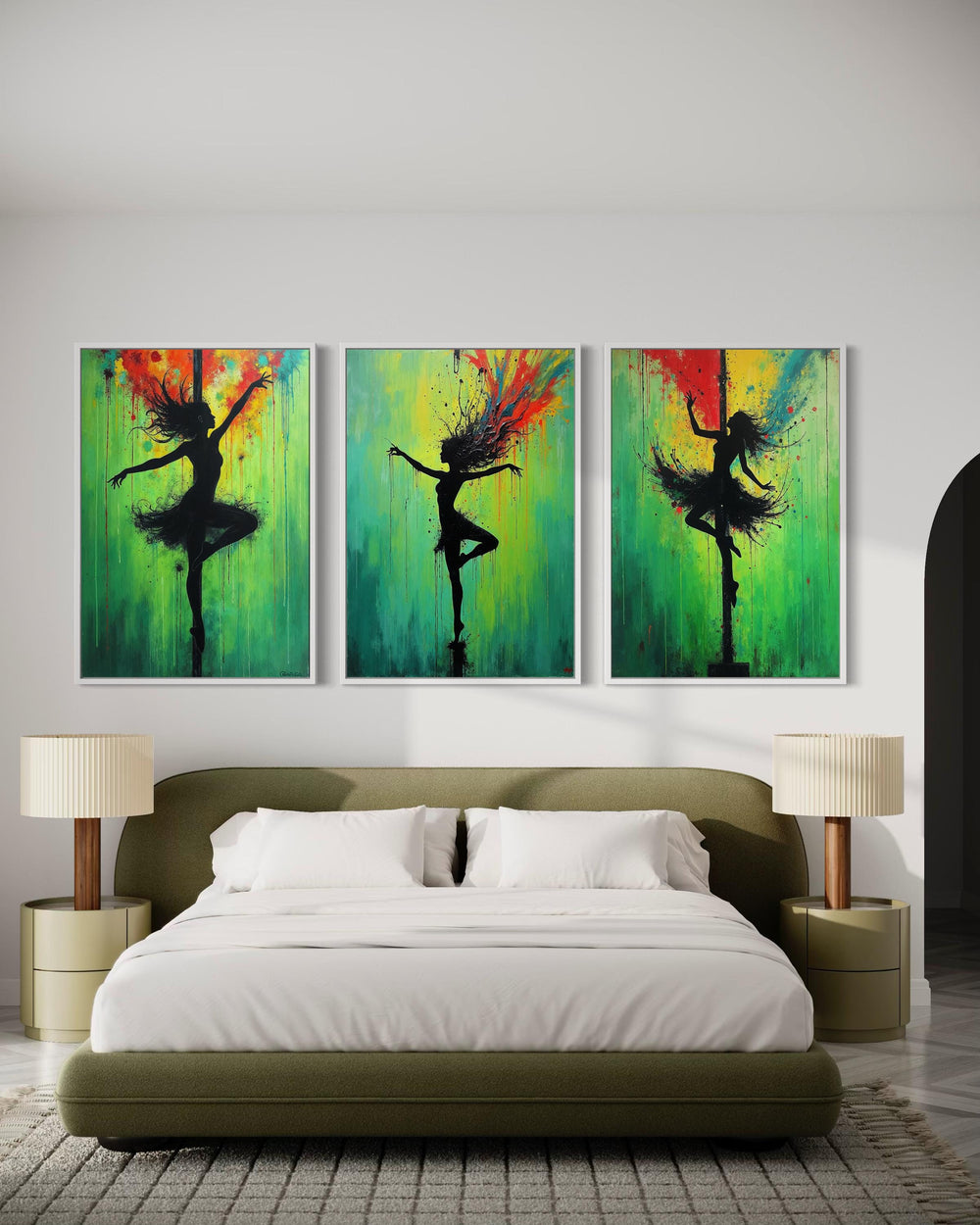 Green Abstract Pole Dancer Canvas Art: Dynamic Silhouette Painting