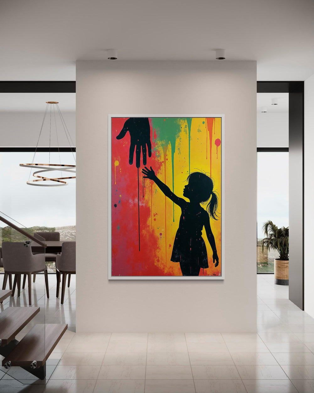 Colorful Abstract Canvas Print: Girl Reaching Hand Silhouette Art