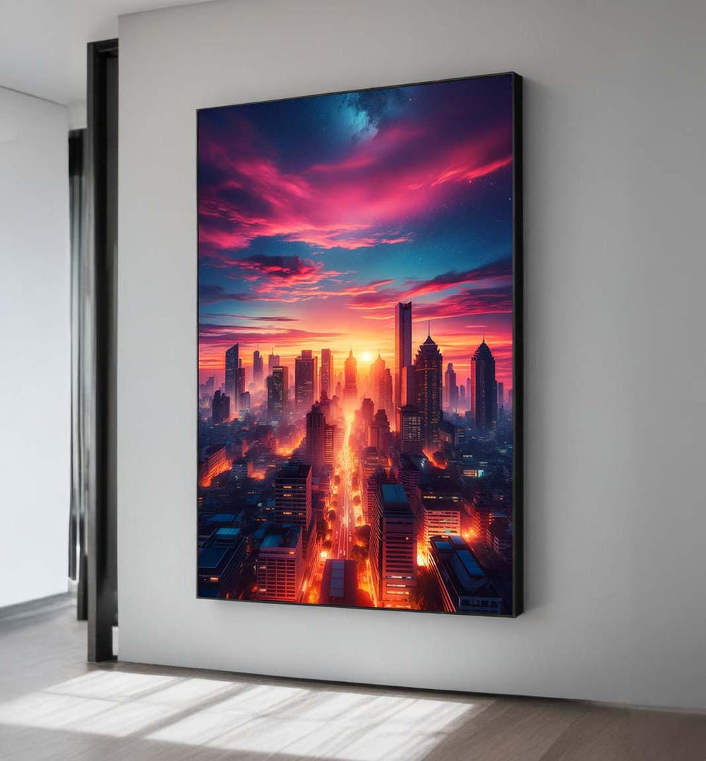 City Sunset Canvas Art: Vibrant Neon Urban Skyline