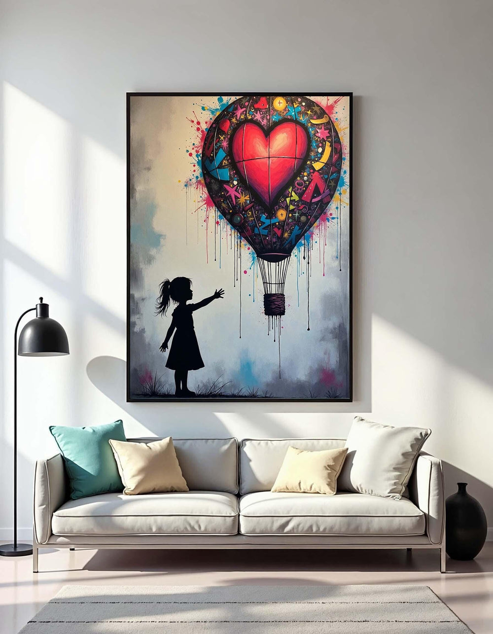 Girl with Heart Balloon Canvas Art: Banksy Style Graffiti Decor