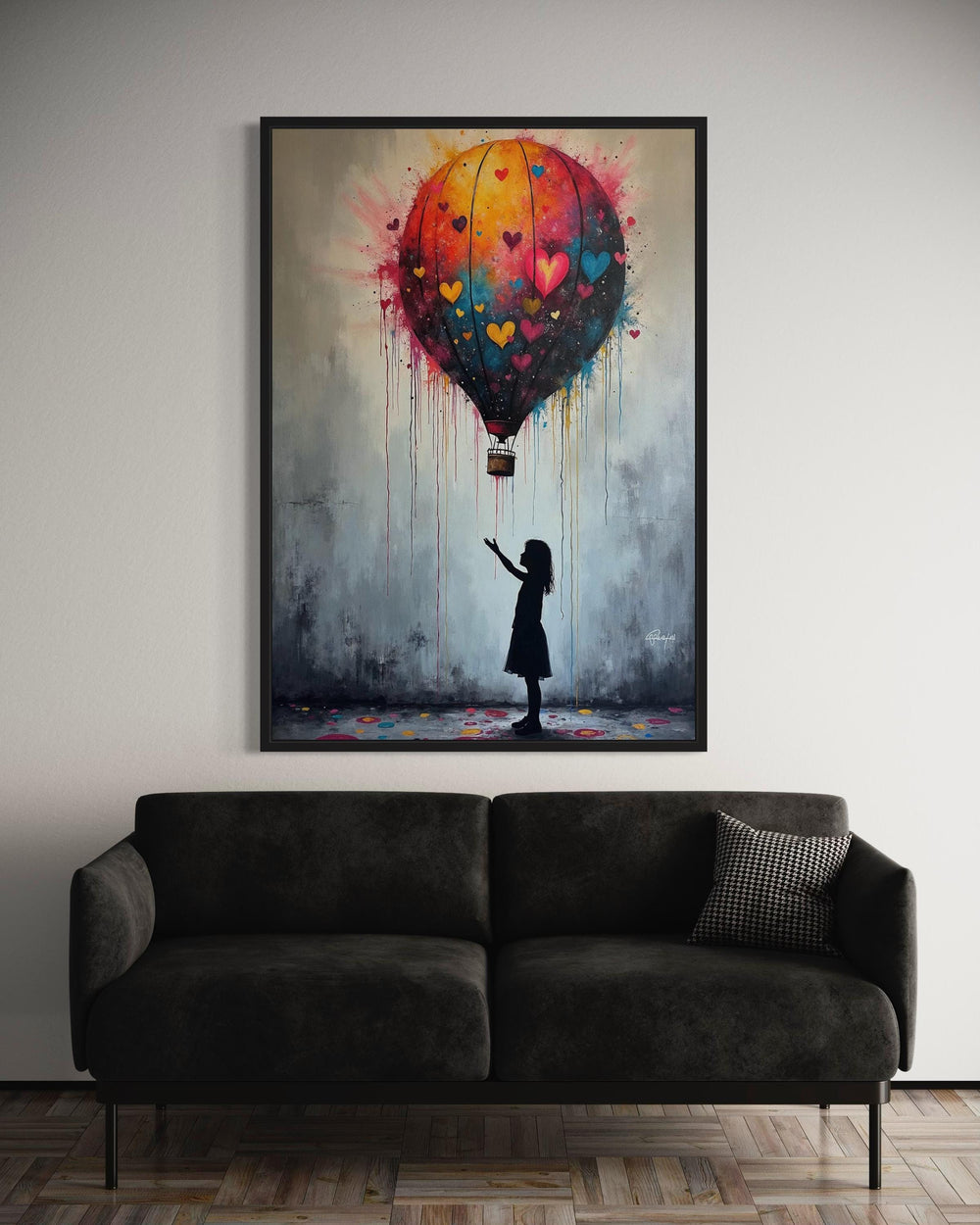 Girl with Balloon Canvas Art: Graffiti Hot Air Balloon Silhouette