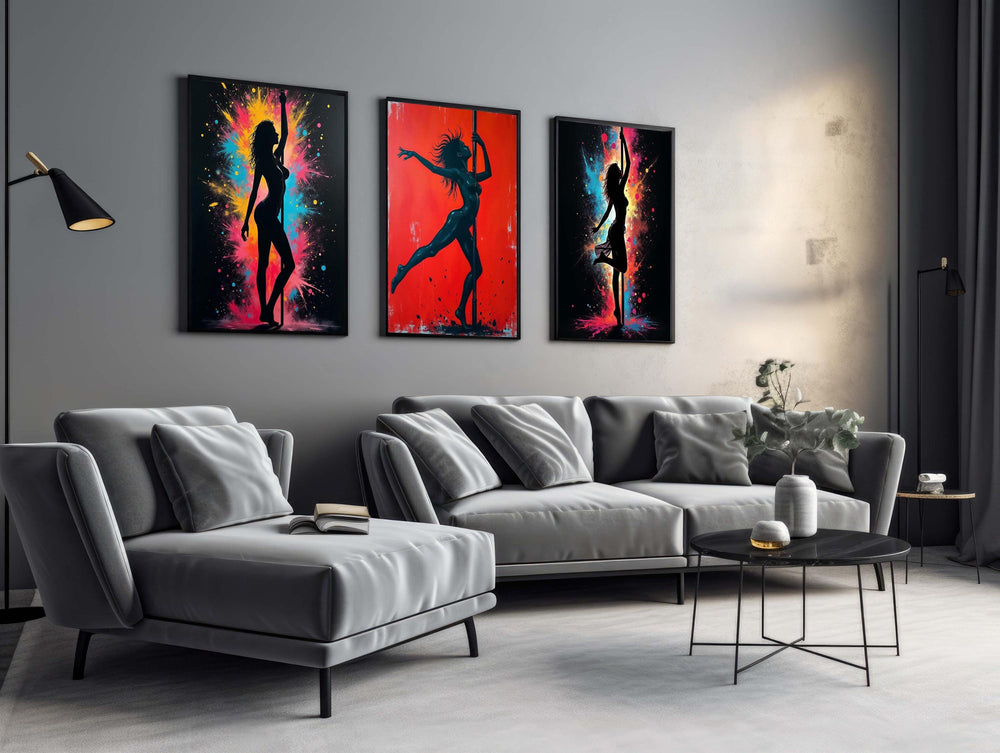 Neon Pole Dancer Canvas Art: Erotic Silhouette, Color Explosion