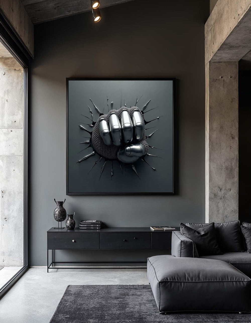 Silver Fist 3D Canvas Art: Futuristic Extra Large Wall Decor