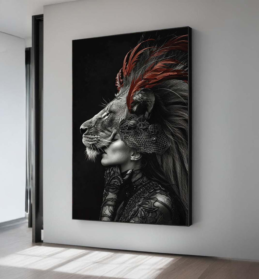 Lioness Woman Fusion Art Print: Red Feather, Black Panther Wall Decor