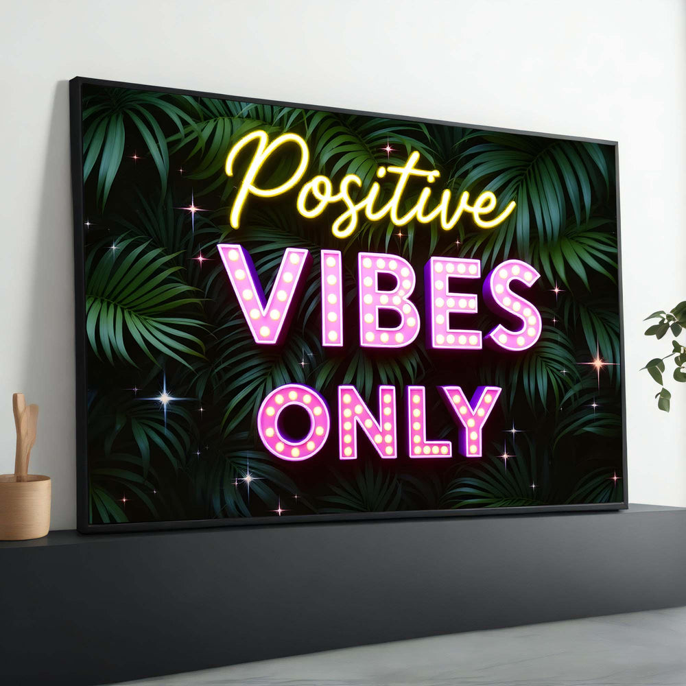 Positive Vibes Only Neon Sign: Tropical Leaves LED Canvas Print