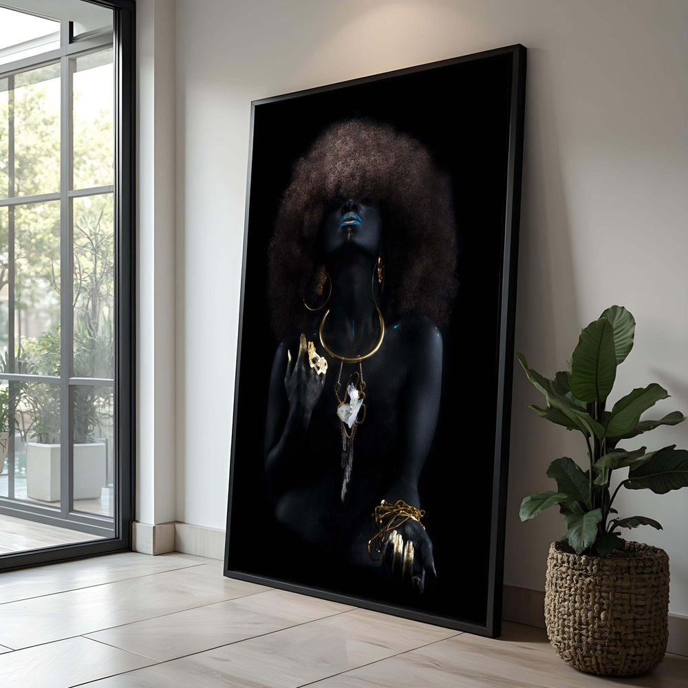 Afro Black Woman Art Canvas Print | Gold Jewelry, Afrocentric Decor