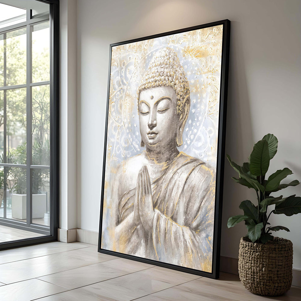 White & Gold Serene Buddha Canvas Art | Zen Meditation Decor