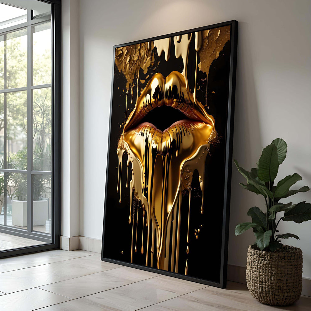 Golden Dripping Lips Canvas Art: Glam Metallic Wall Decor