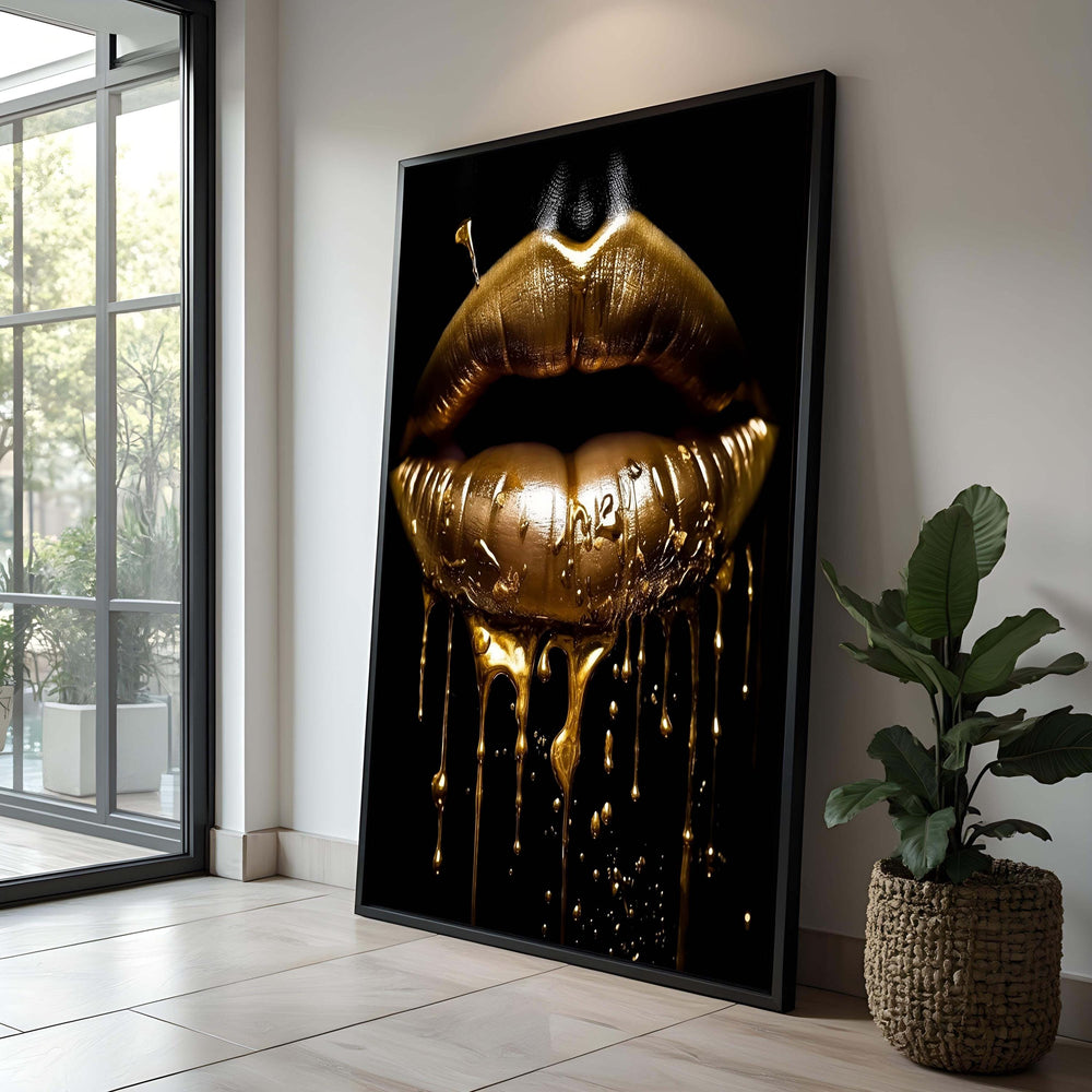 Golden Drip Lips Canvas Art: Glam Metallic Wall Decor