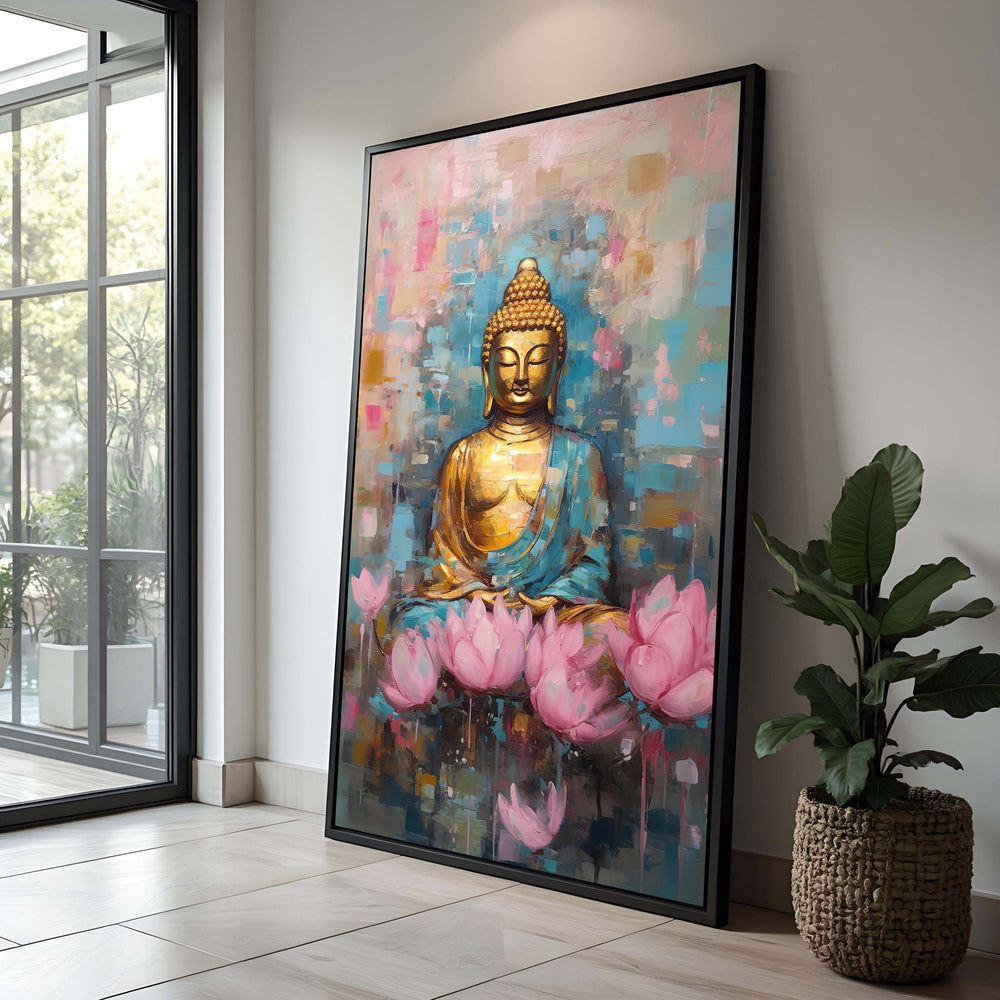 Golden Buddha Canvas Print | Lotus Flowers, Meditation Art