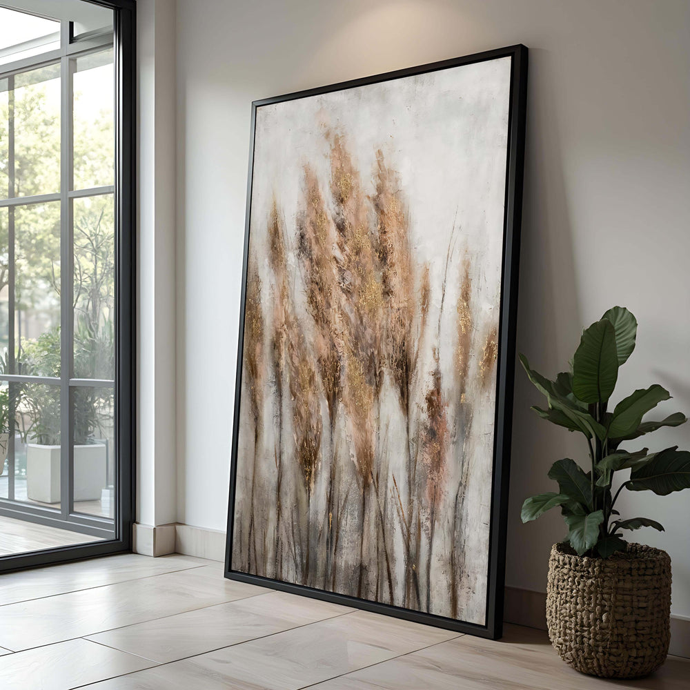 Wheat Grass Canvas Art: Modern Abstract Painting with Gold Leaf