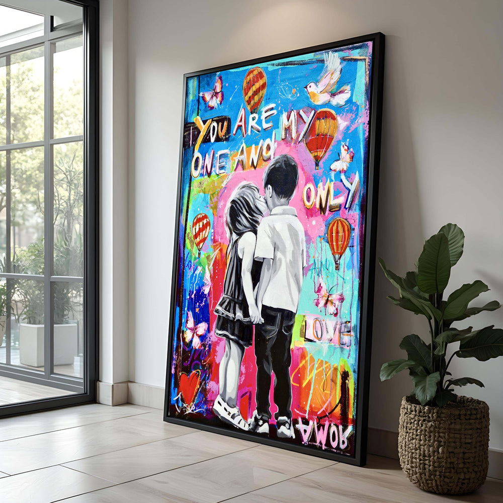 Romantic Graffiti Art Canvas Print: Hot Air Balloon Couple Wall Decor