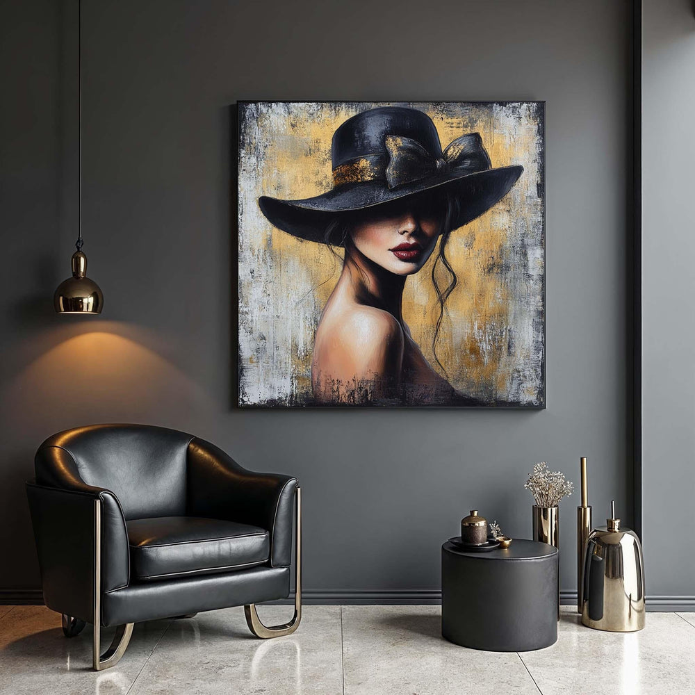 Elegant Woman Canvas Print, Lady in Black Hat, Glamour Art