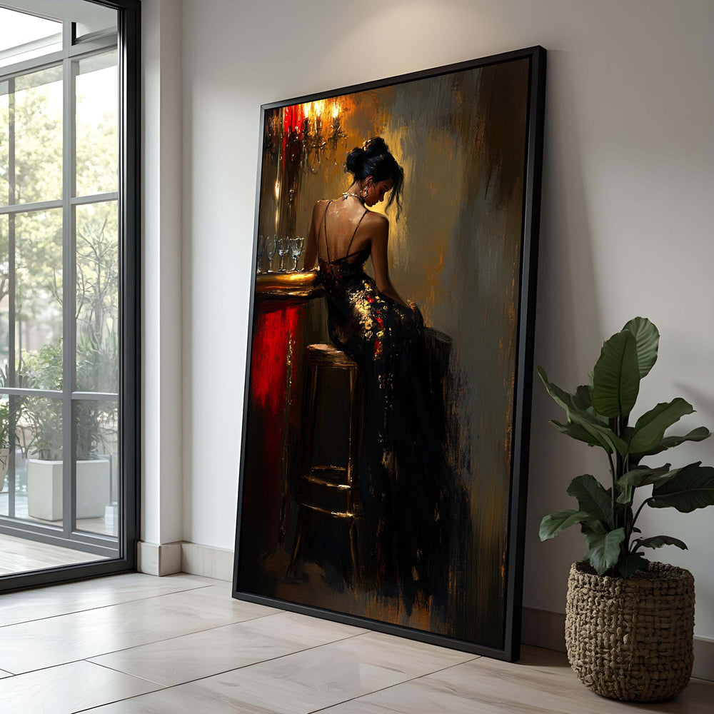 Elegant Woman at Bar Canvas Print – Dark Romantic Evening Wall Art