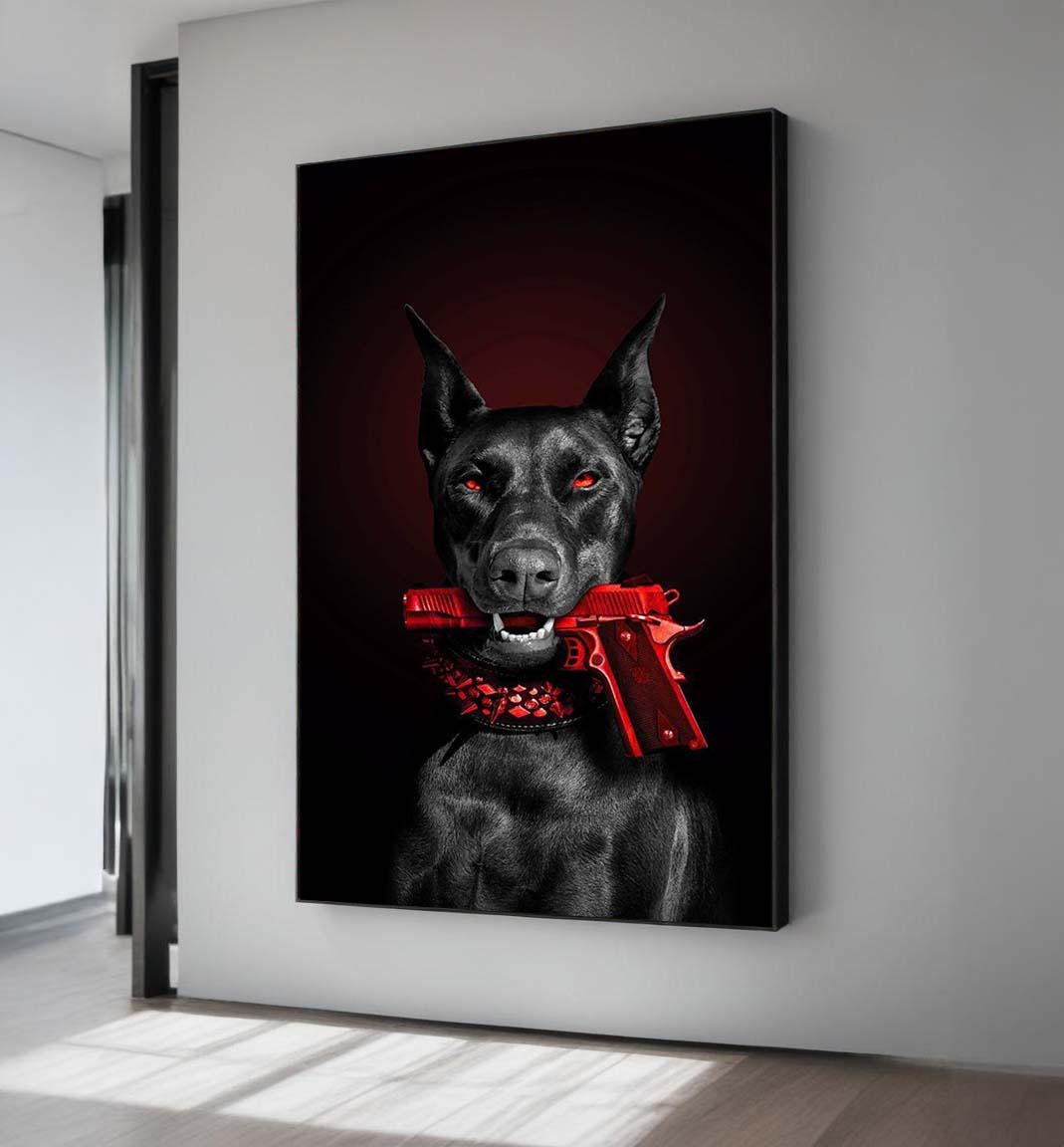 Edgy Doberman Canvas Print: Red Gun, Gothic Animal Wall Art