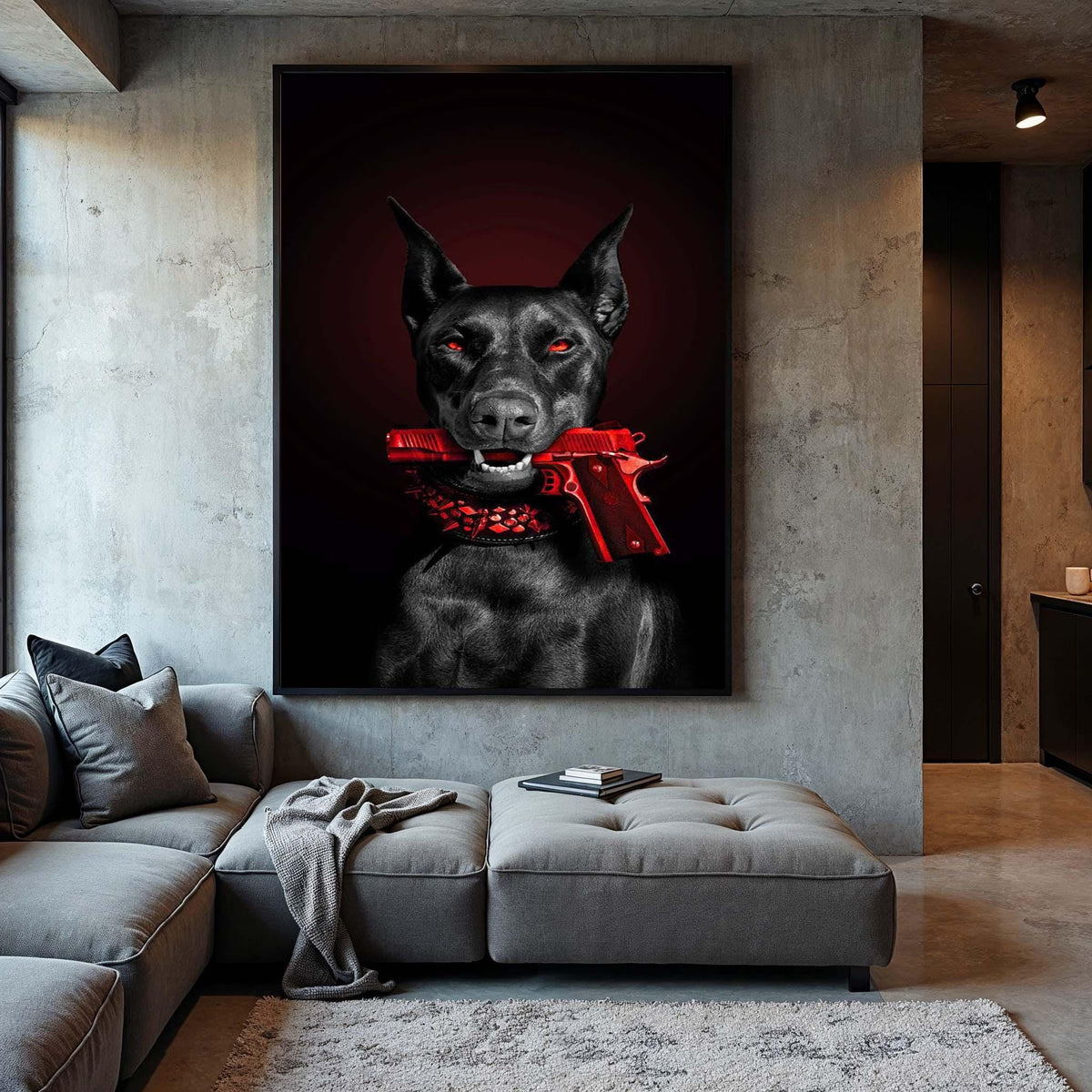 Edgy Doberman Canvas Print: Red Gun, Gothic Animal Wall Art