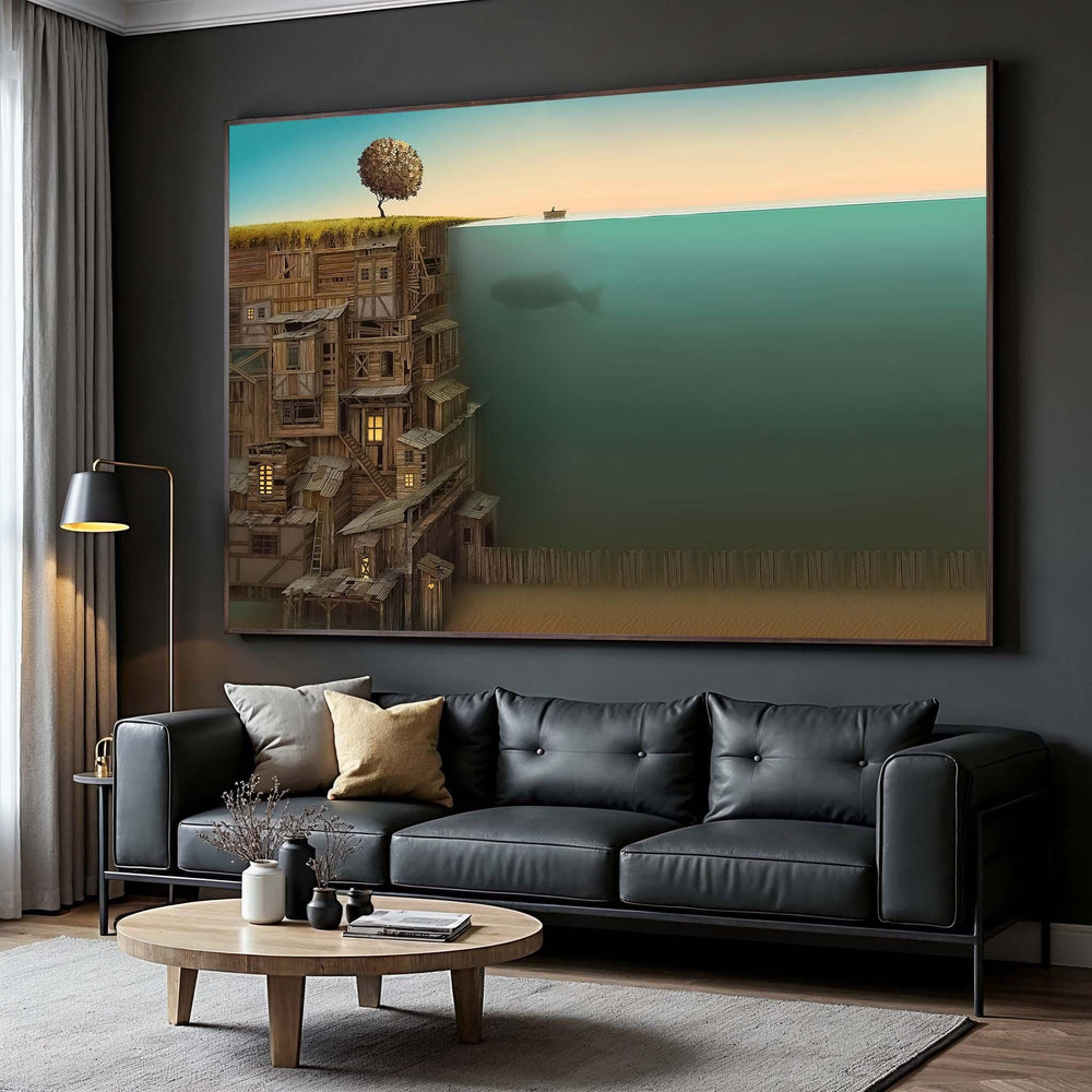Surreal Ocean Canvas Print: Deep Sea, Wooden Houses Wall Art