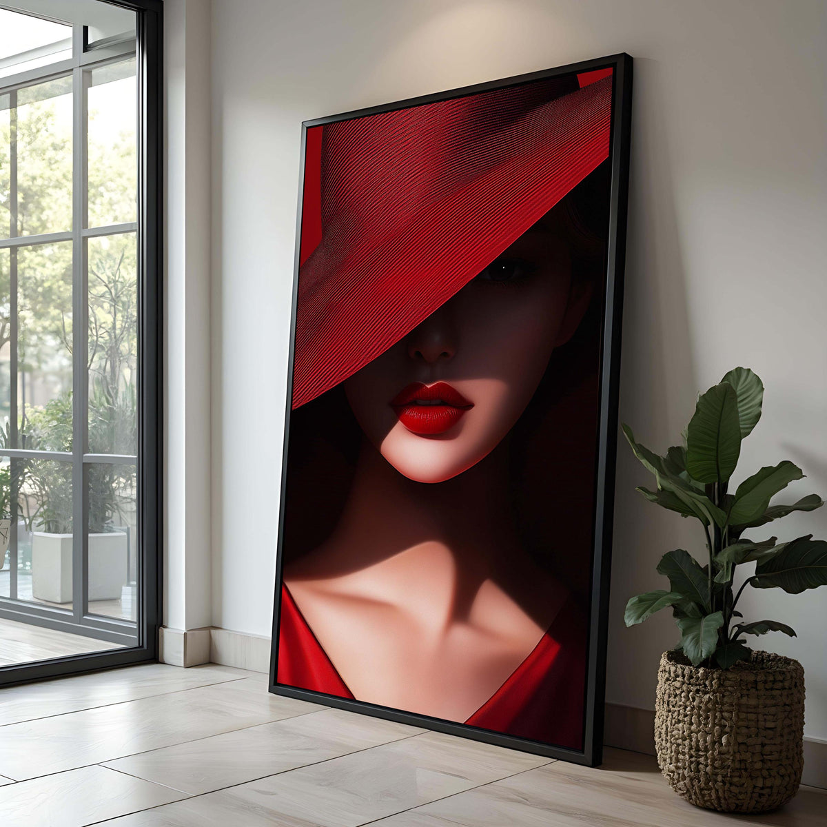 Red Hat Woman Canvas Print: Fashion Portrait, Bold Minimalist Decor