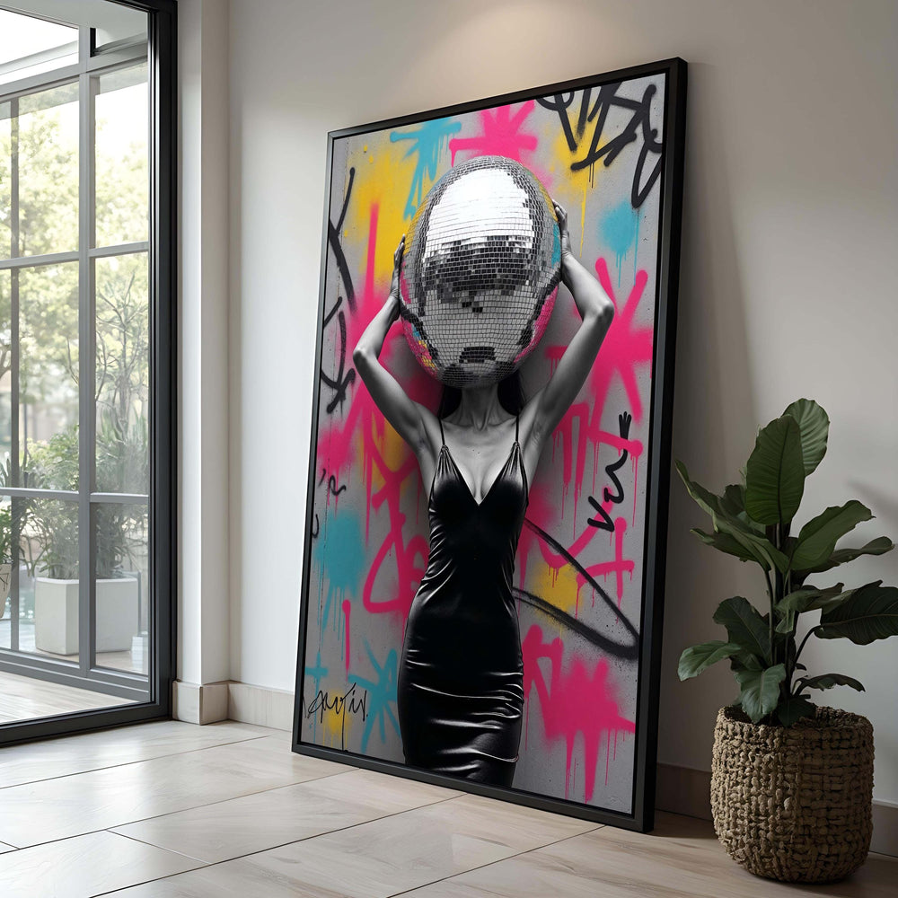 Woman with Disco Ball Canvas Print, Modern Graffiti Art