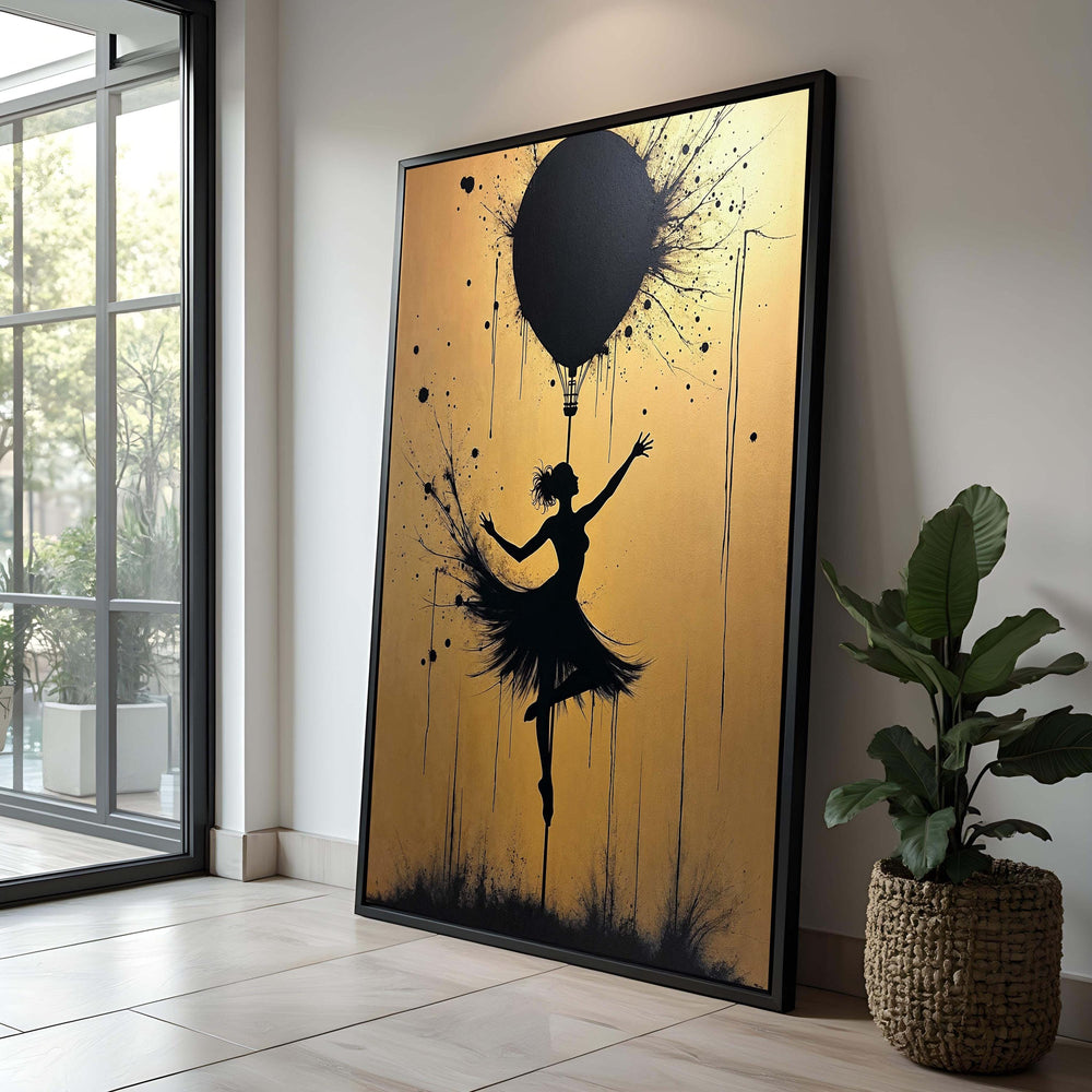 Ballerina Hot Air Balloon Canvas Print: Black and Gold Dance Art