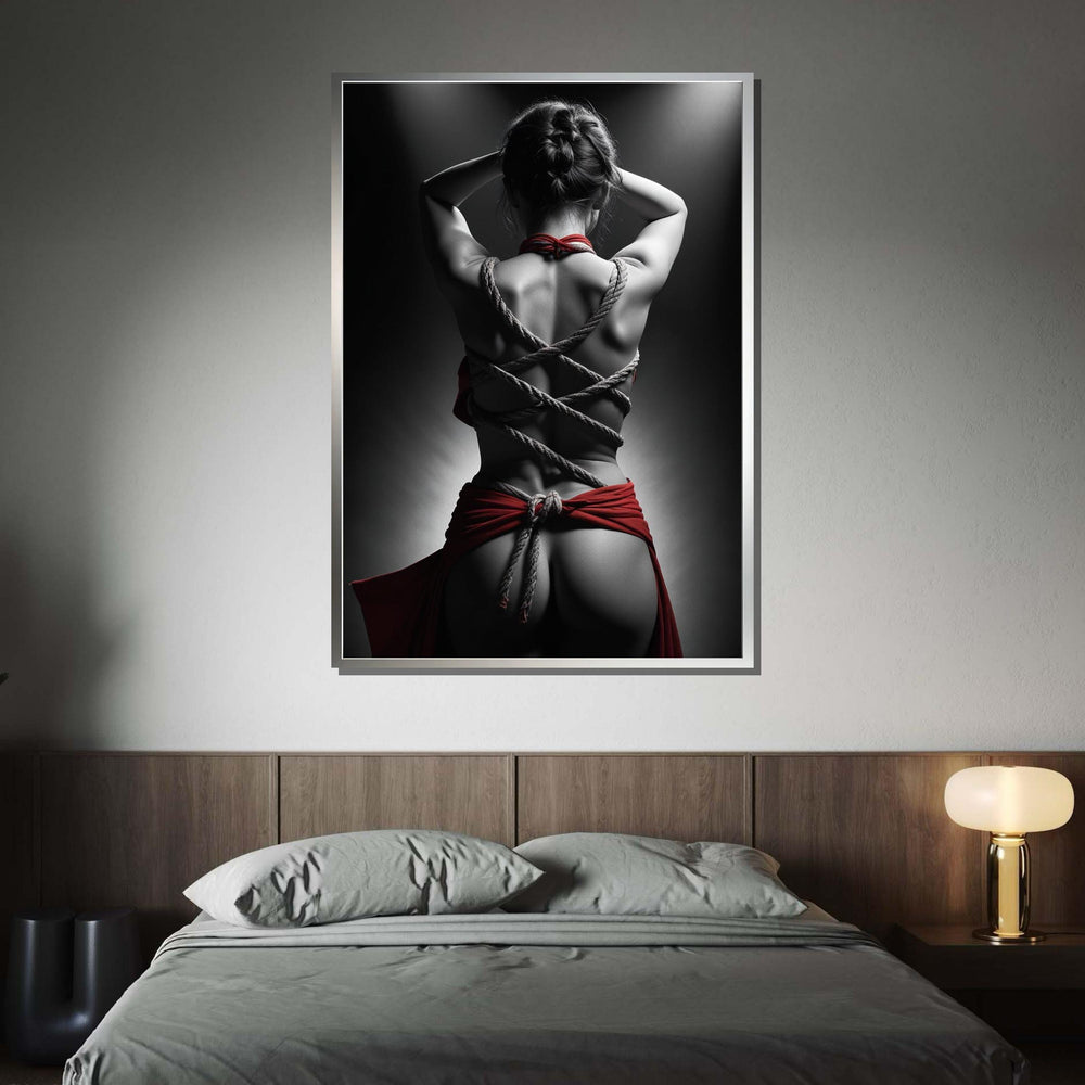 Bold Black and White Nude Art with Red Accents | Sensual Rope Body Art Print | Striking Erotic Wall Décor | Unique Boudoir Gift
