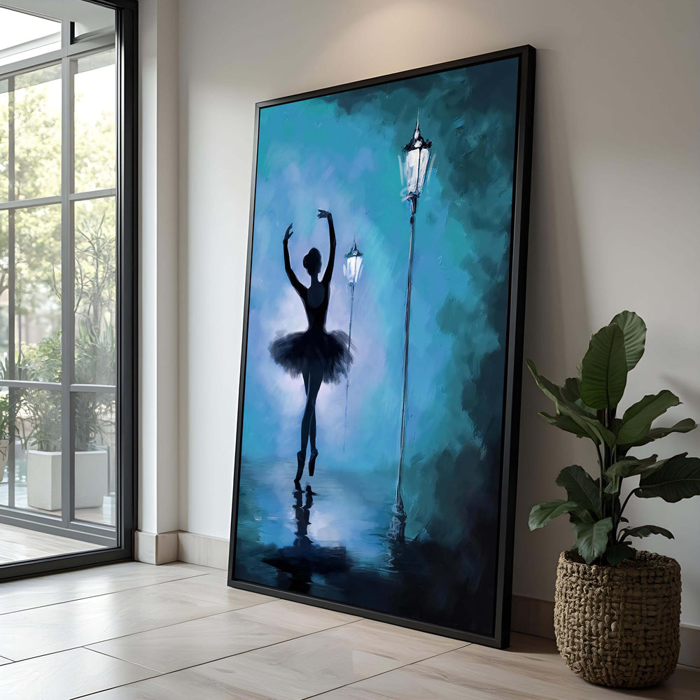 Blue Ballerina Silhouette Art: Elegant Dance Canvas Print