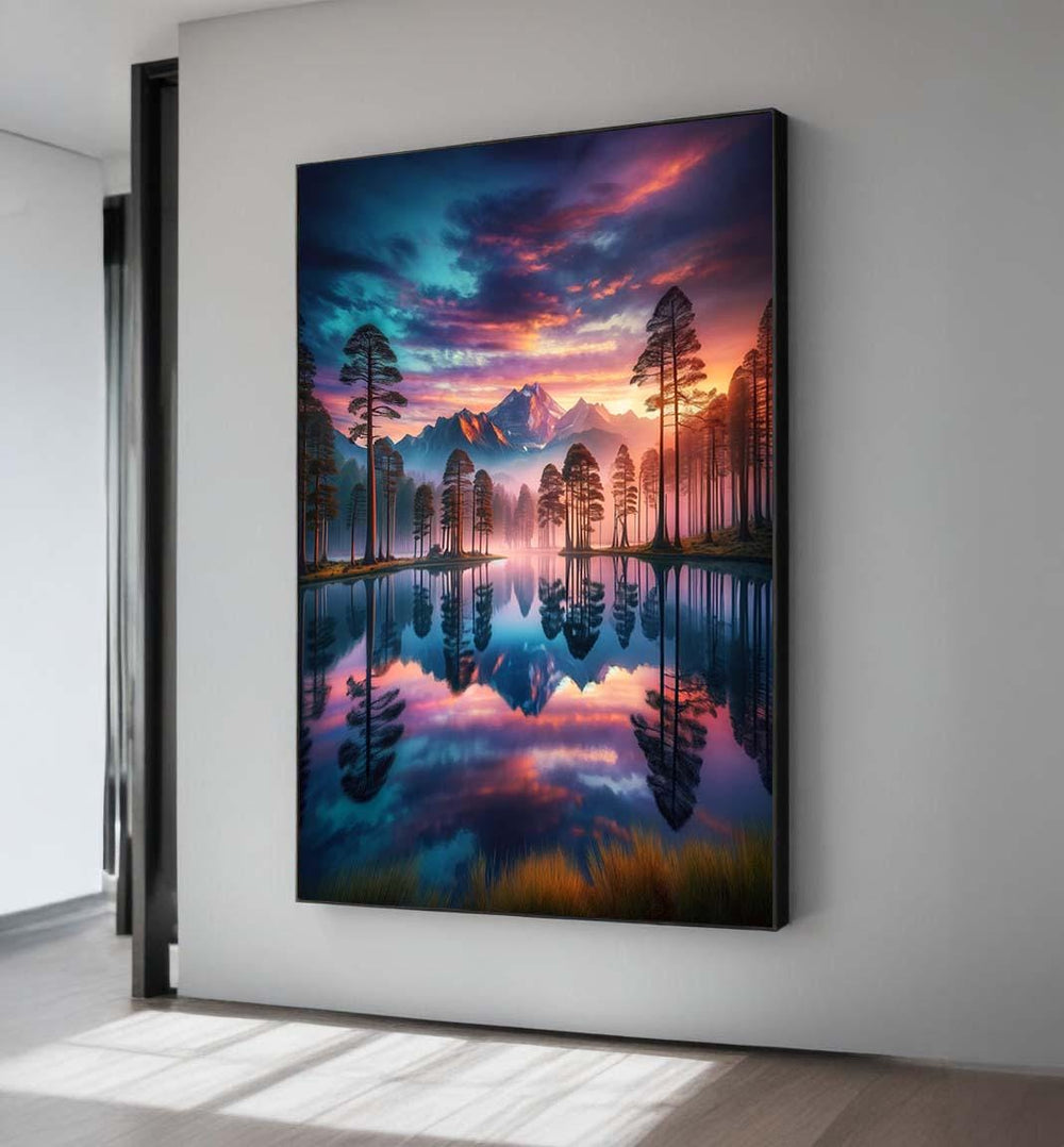 Mountain Sunset Canvas Art: Dreamy Lake Reflection, Nature Wall Decor