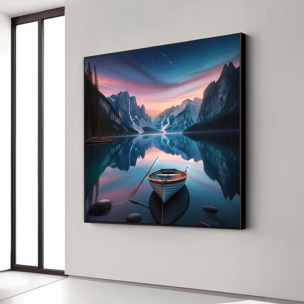 Mountain Lake Sunset Canvas Print: Rowboat Landscape Wall Art