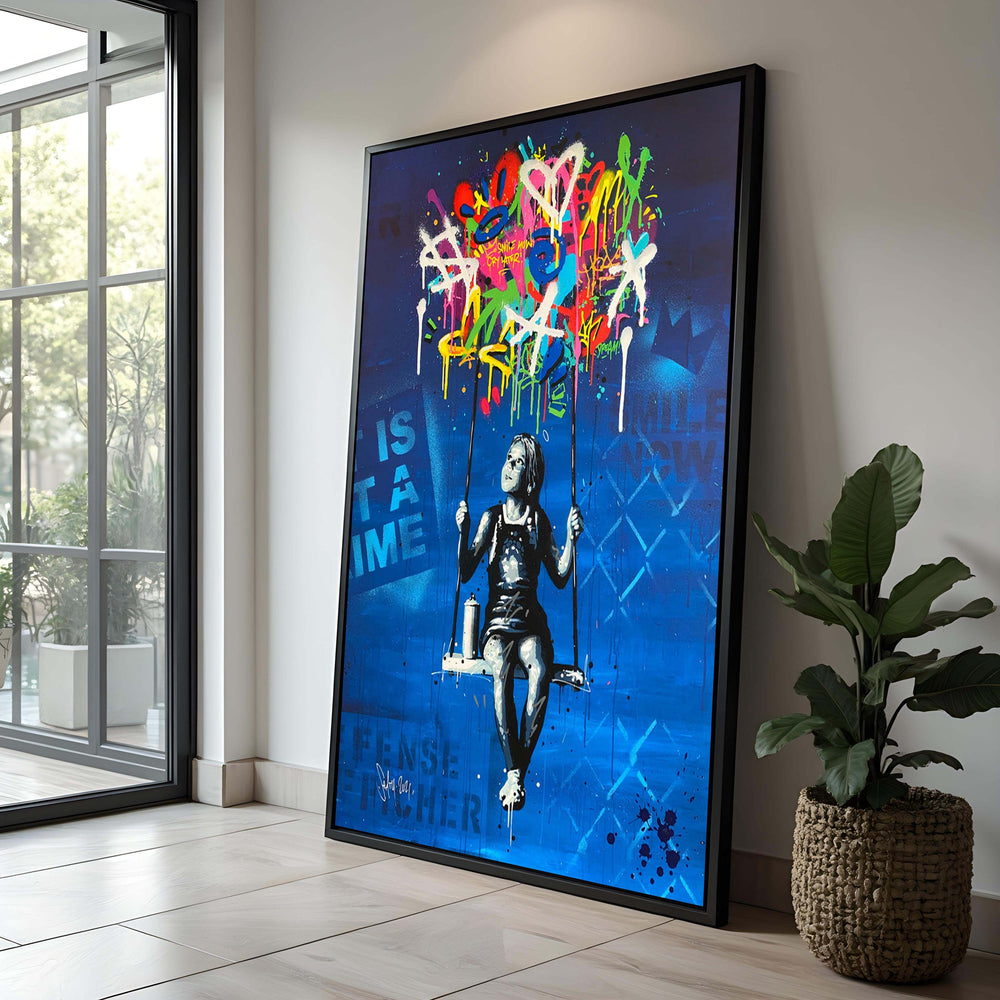 Girl on Swing Graffiti Canvas: Vibrant Street Art Print