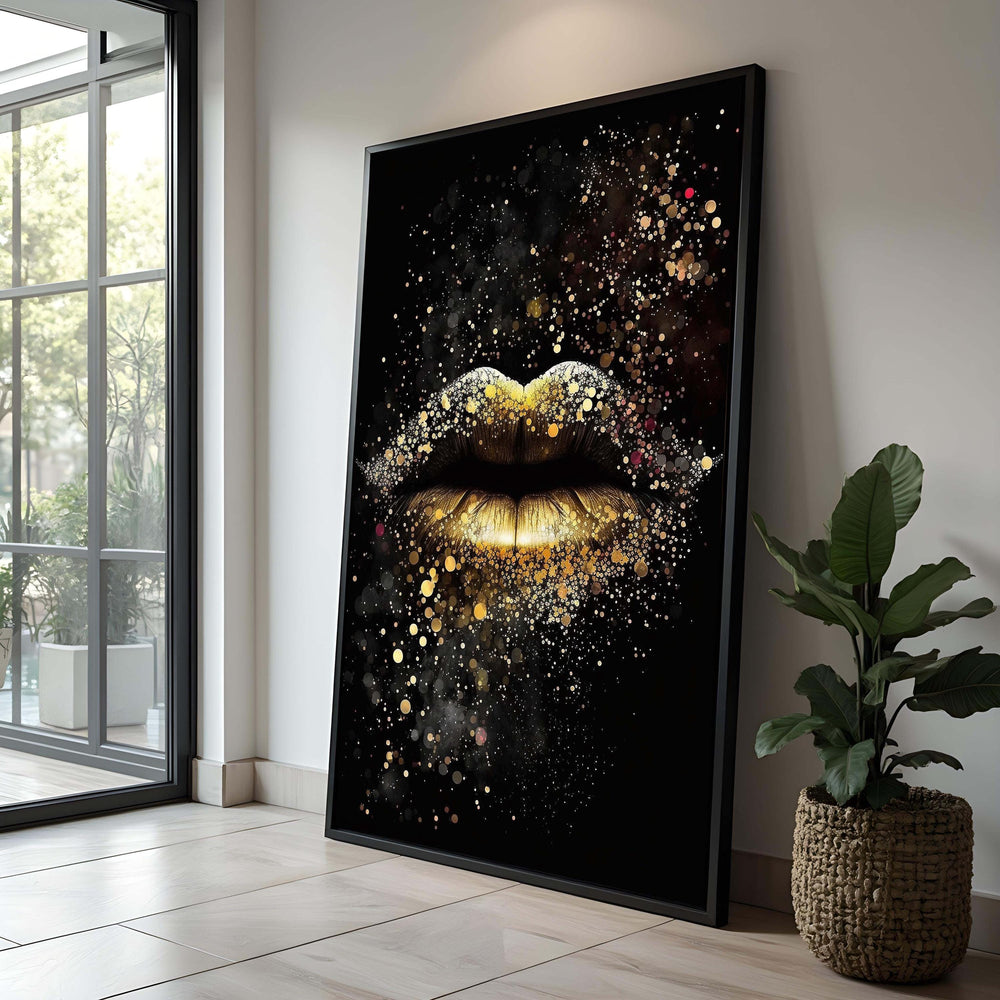 Golden Lips Glitter Canvas Art: Glam Black and Gold Wall Decor