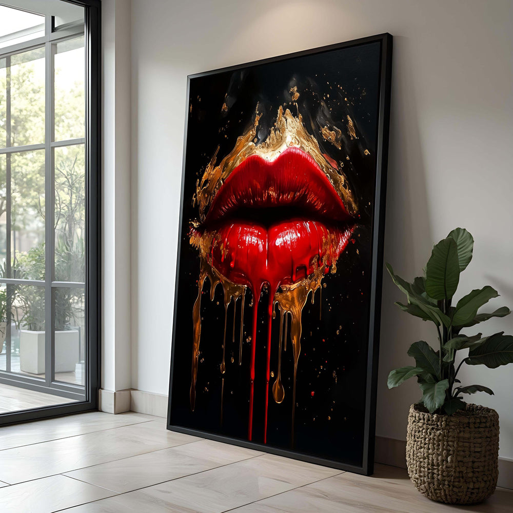 Red and Gold Drip Lips Canvas Art | Luxury Modern Wall Decor