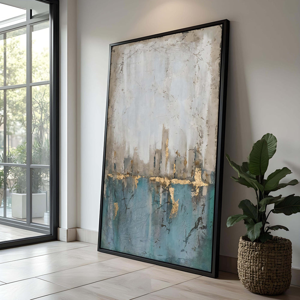 Abstract Gold Leaf Cityscape Canvas Art: Teal Gray Textured Painting
