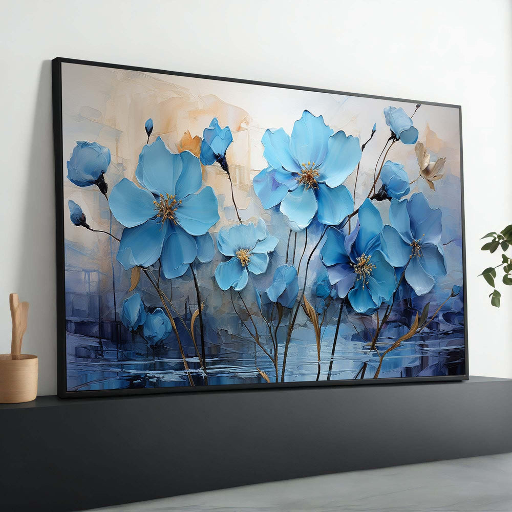 Blue Floral Canvas Art: 3D Flower Painting, Modern Wall Decor