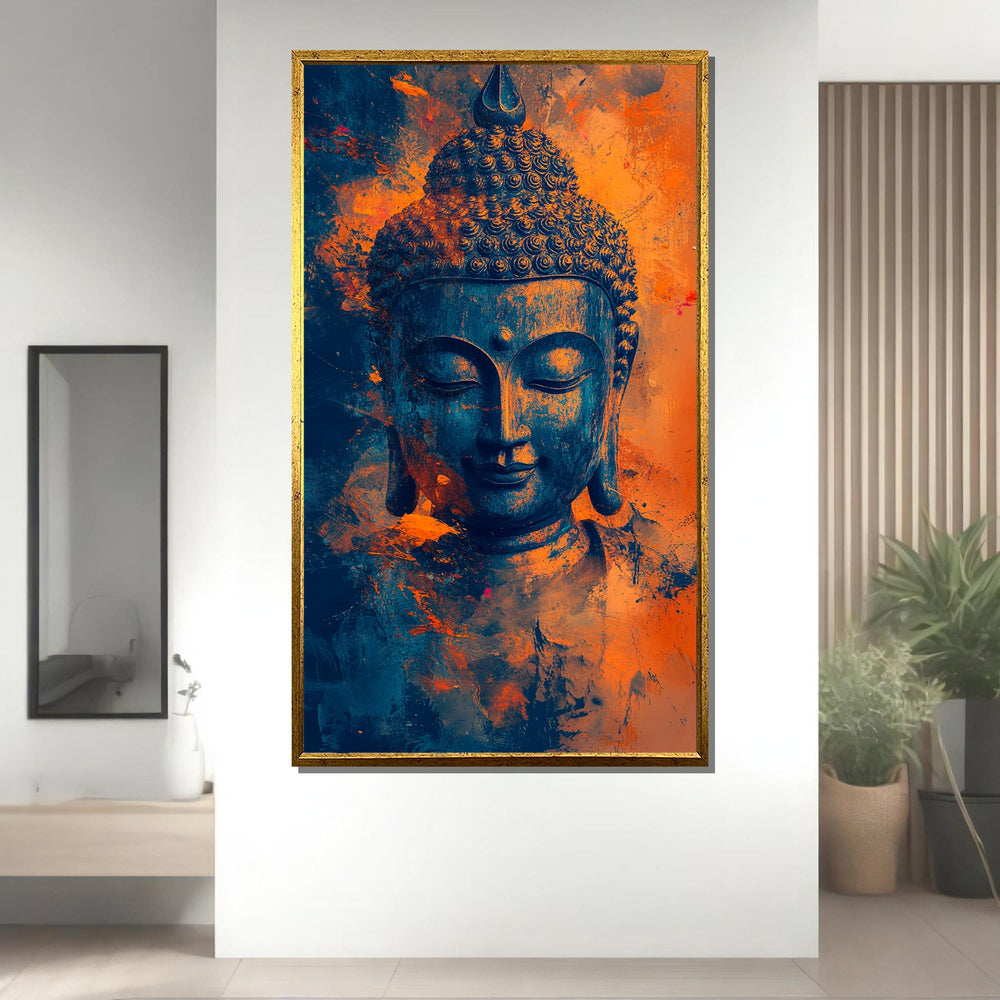 Abstract Buddha Canvas Art: Blue and Orange Spiritual Painting