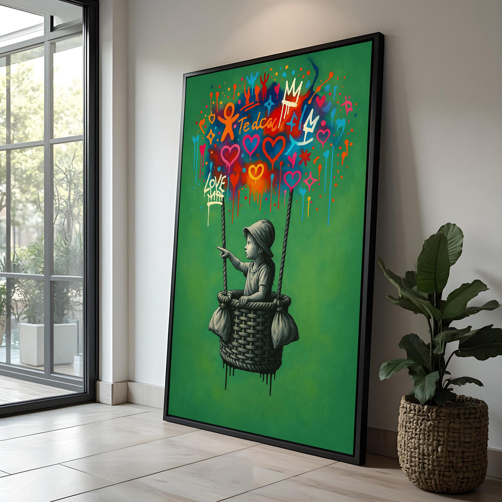 Green Balloon Girl Canvas Print: Graffiti Heart Street Art