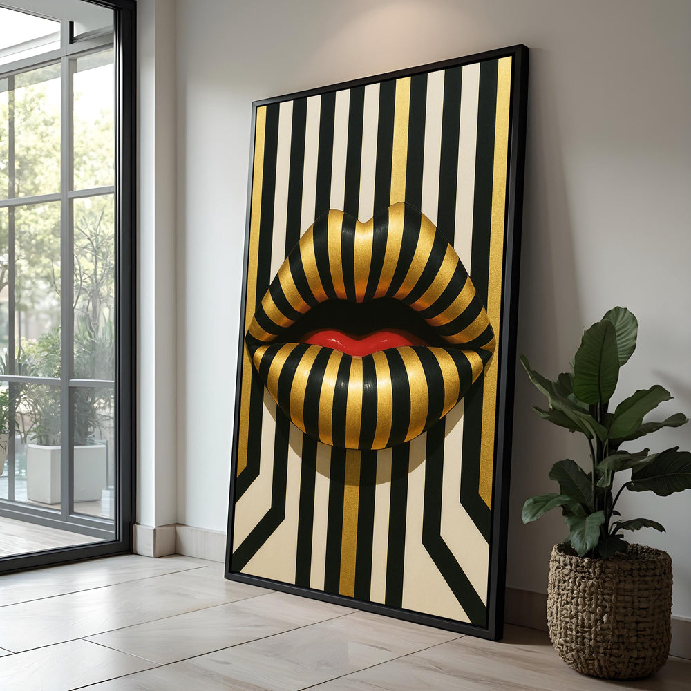 Pop Art Striped Lips Canvas, Gold & Black Lip Sculpture, Red Accent