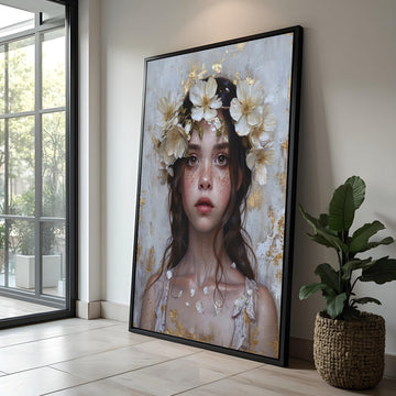 Floral Crown Girl Canvas Print: Boho Gold Leaf Portrait Wall Art