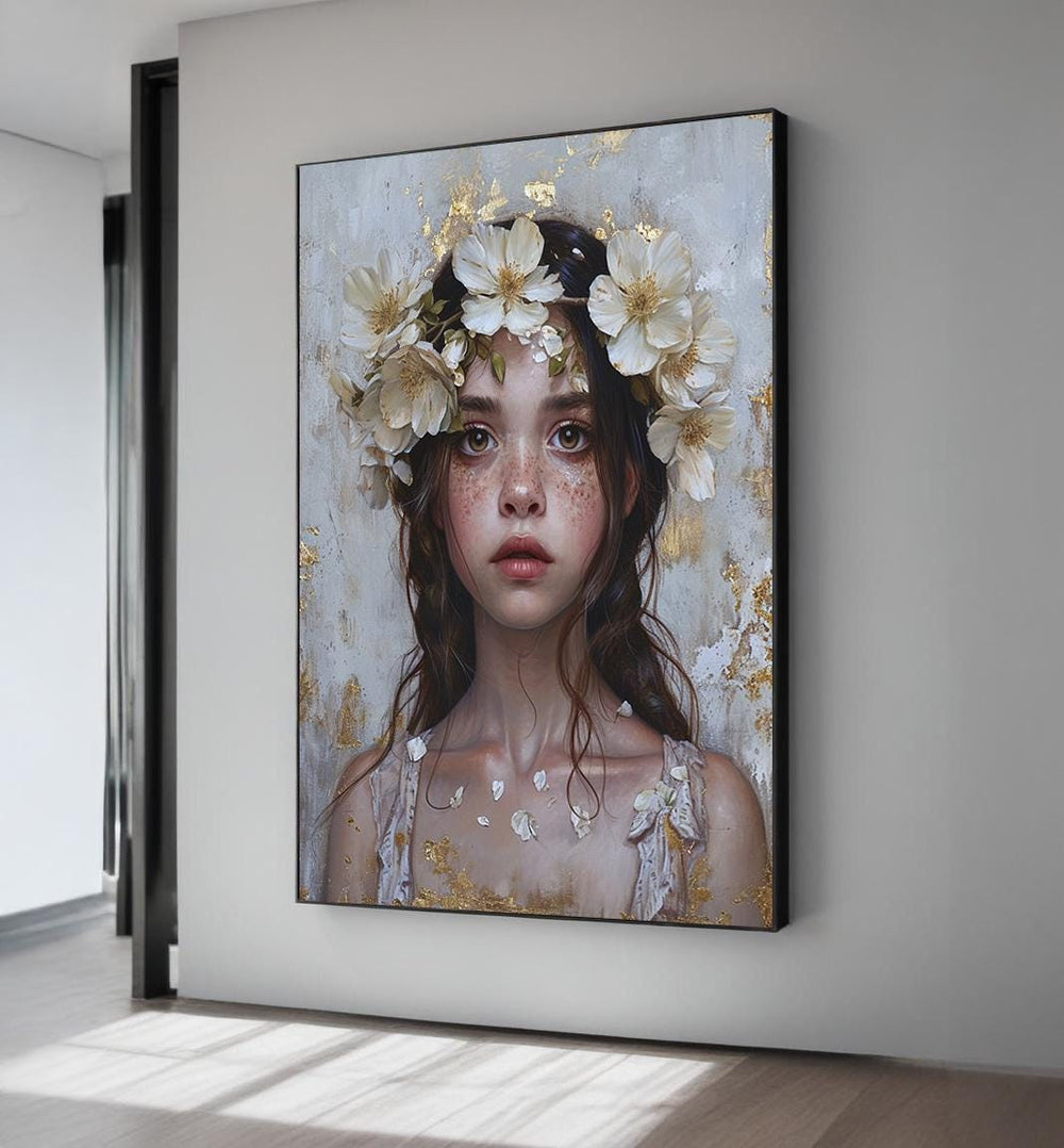 Floral Crown Girl Canvas Print: Boho Gold Leaf Portrait Wall Art