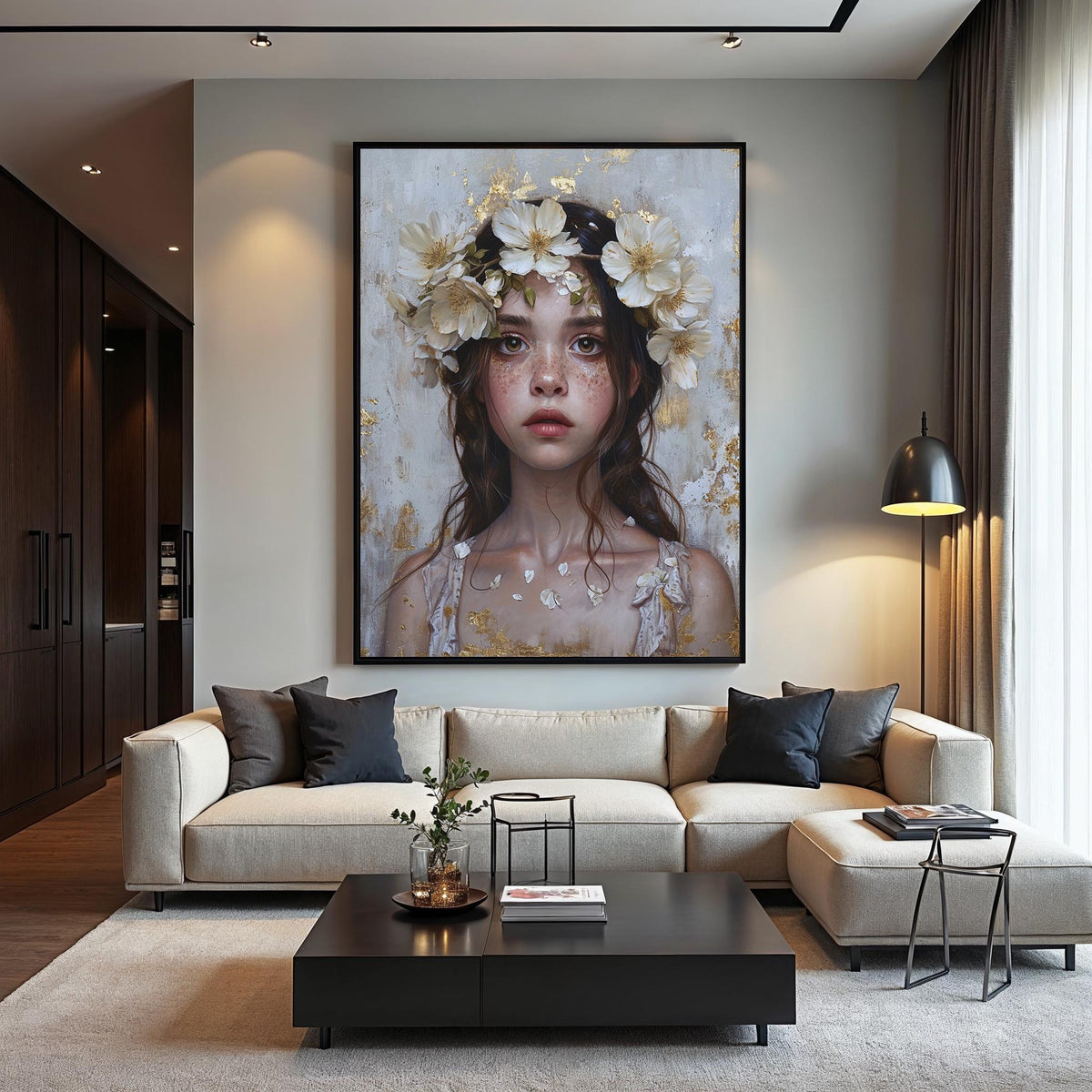 Floral Crown Girl Canvas Print: Boho Gold Leaf Portrait Wall Art