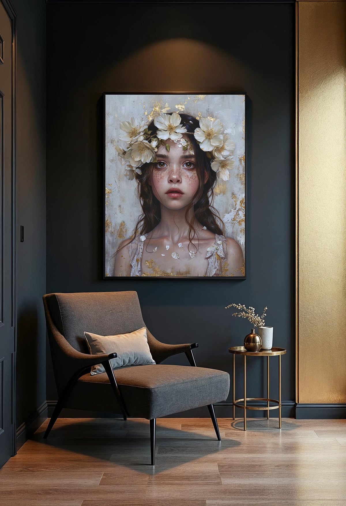 Floral Crown Girl Canvas Print: Boho Gold Leaf Portrait Wall Art