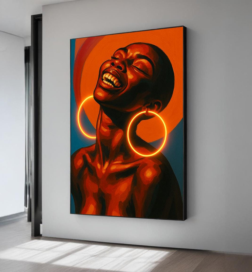 Afro Woman Canvas Print: Neon Earrings, Modern Portrait Art
