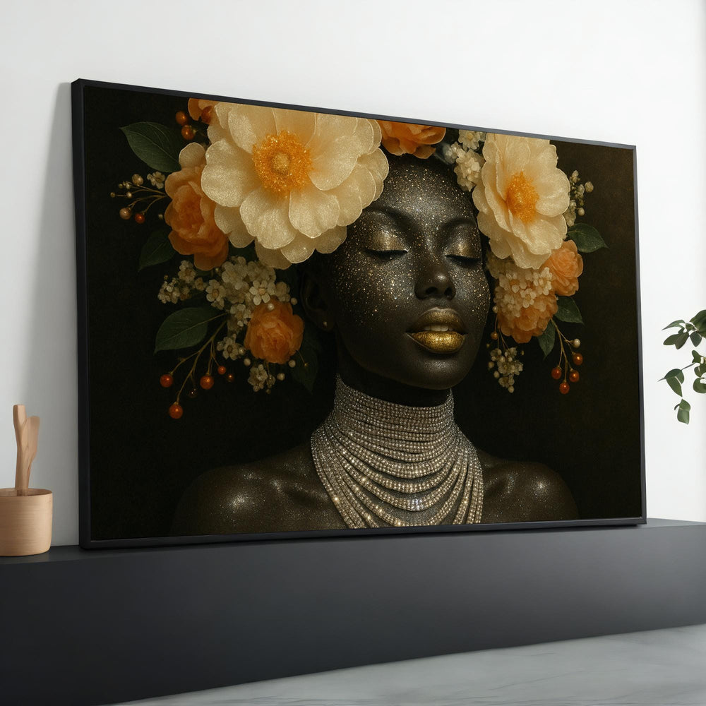 Floral Crown Afro Woman Canvas Print: Gold Lips Glam Wall Art