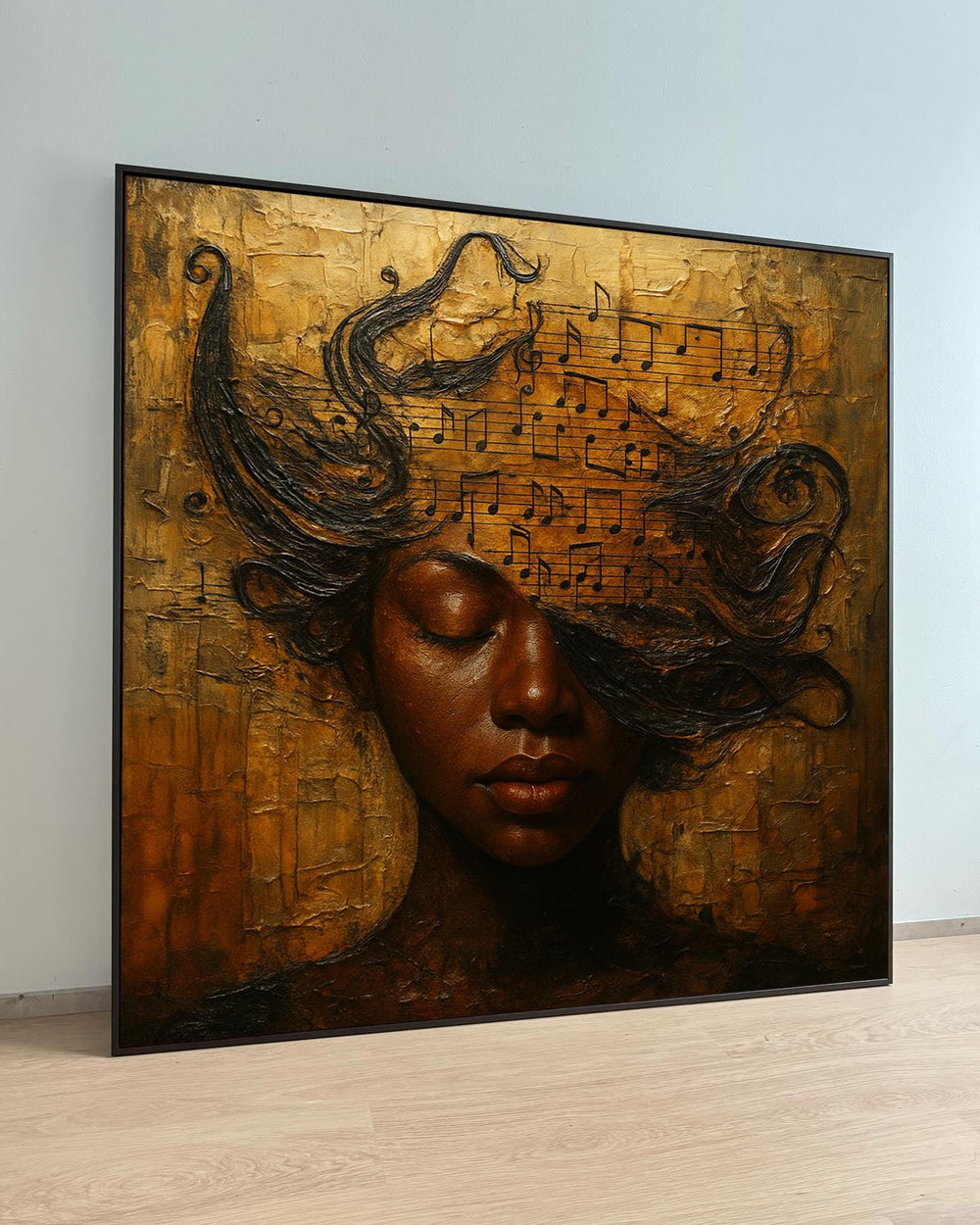Musical Note Afro Woman Canvas Print: Textured Gold Portrait
