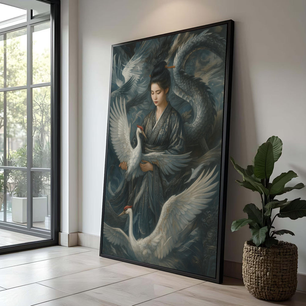 Asian Woman Canvas Print: Cranes, Dragon, Kimono - Oriental Wall Art