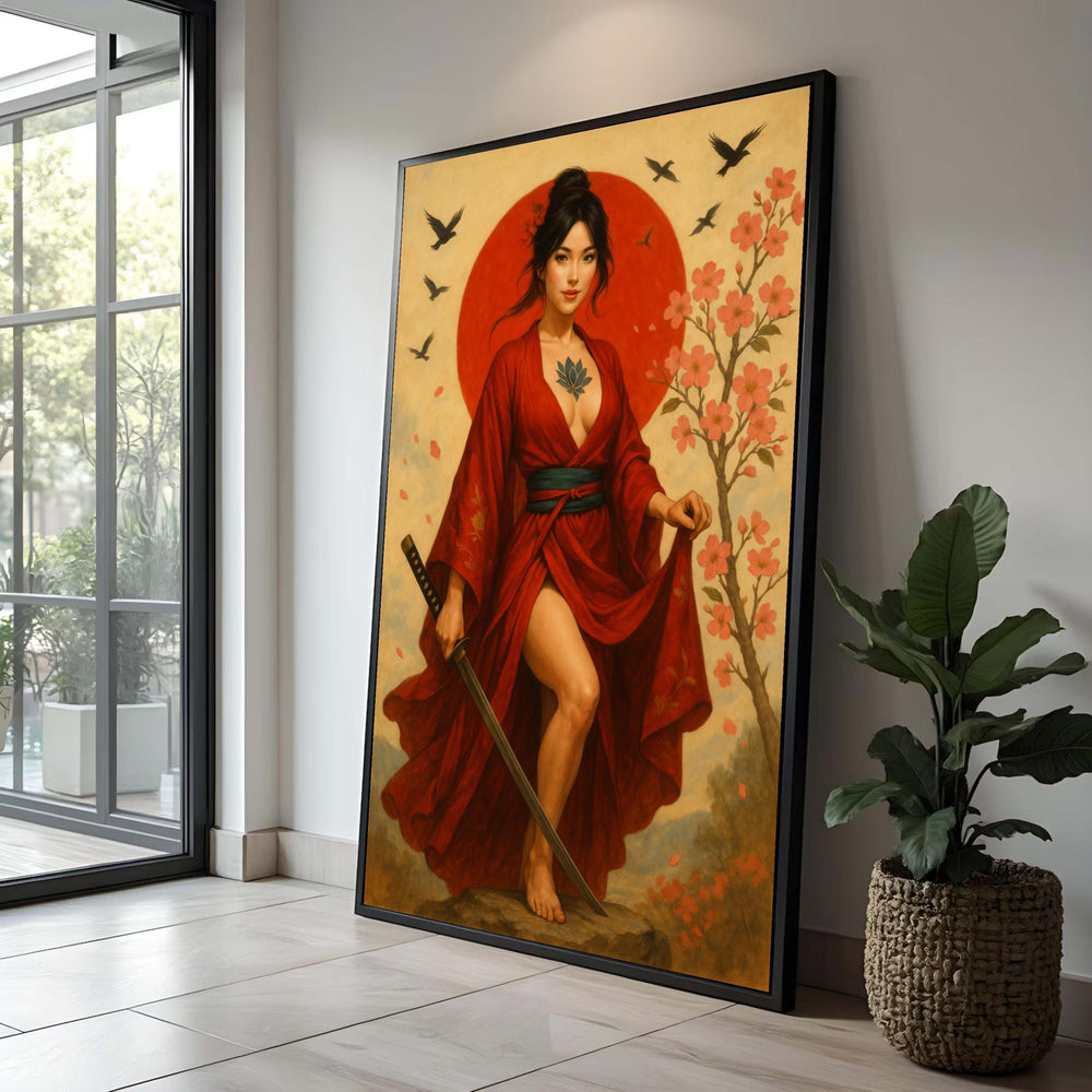 Samurai Woman in Red Kimono Canvas, Japanese Warrior Art Print