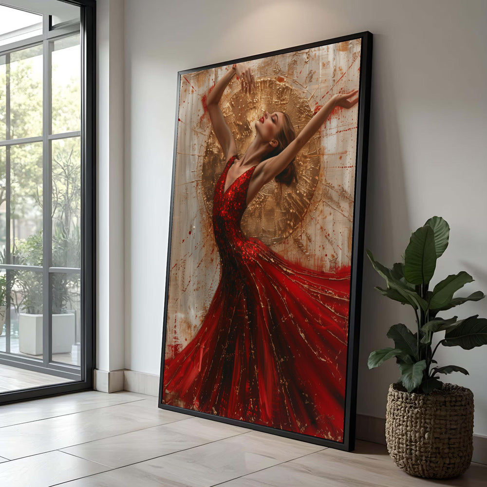 Ballerina Canvas Art: Red Sequin Dress, Gold Abstract Background