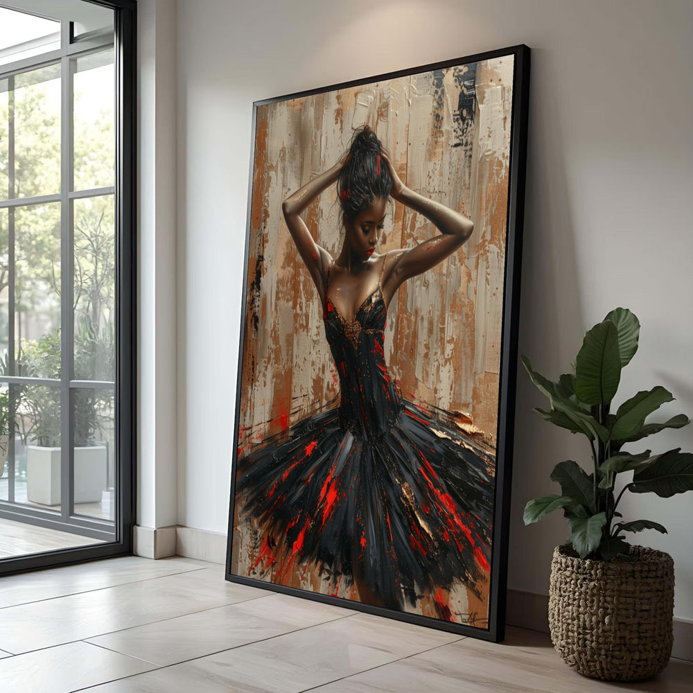 Elegant Ballerina Canvas Art: Black & Red Ballet Dress, Modern Dance