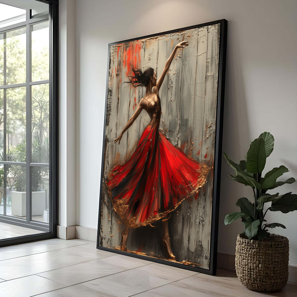 Abstract Ballerina Canvas Art: Elegant Red Dress Ballet Painting