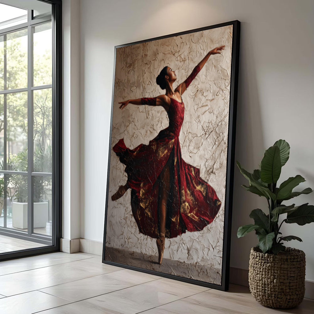 Elegant Ballet Dancer Canvas Art: Red Dress Dance Pose